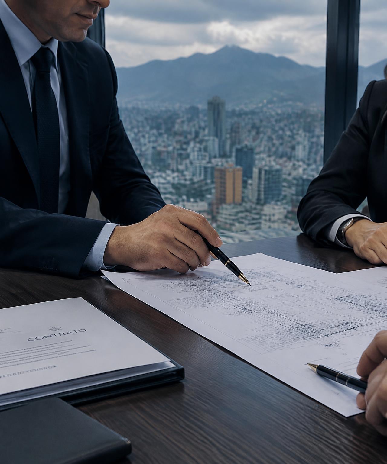 Asesores revisando planos y contrato frente a la ciudad de Quito
